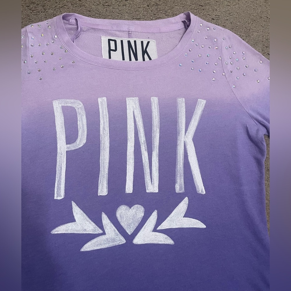 PINK Victoria’s Secret Long Sleeve Crew Neck Shirt Ombre with Rhinestones - Picture 5 of 15